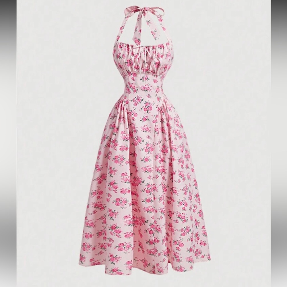 SHEIN Pink Floral Halter Midi Dress